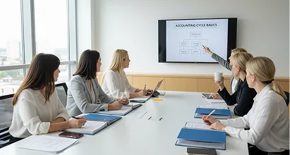 Women seated around a boardroom table during a finance training session